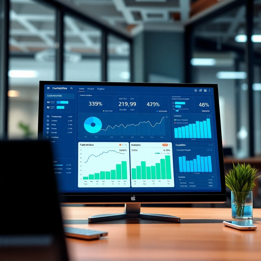 A photorealistic image showcasing a dashboard displaying website analytics data. Charts and graphs illustrate user behavior, traffic patterns, and conversion rates. The dashboard is clean and intuitive, with clear visualizations and actionable insights. The lighting is bright and focused, creating a sense of clarity and precision. The color palette is predominantly blues and greens, with subtle accents of orange and red to highlight key metrics. The environment is a modern office space, representing the data-driven approach to website optimization. Style reference: a blend of data visualization and business intelligence.